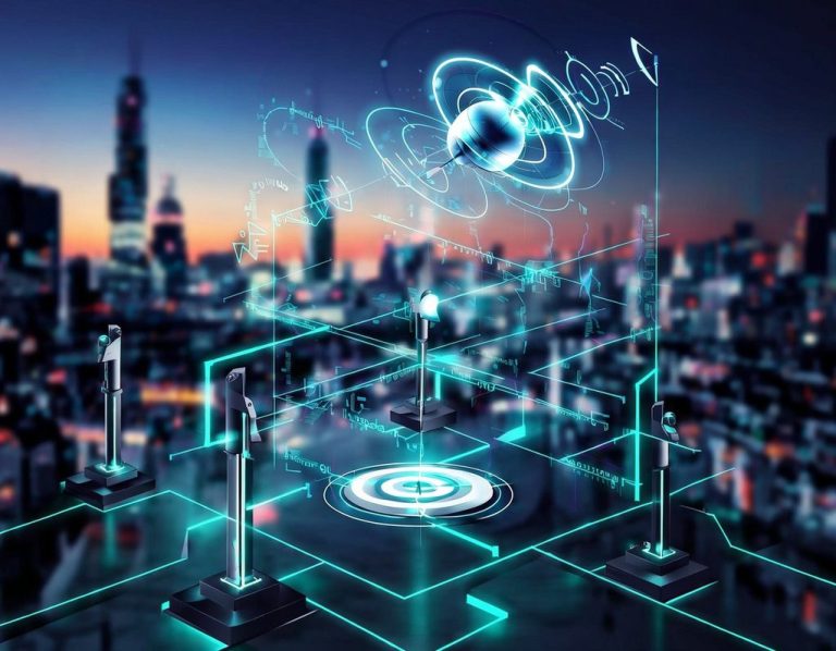 Futuristische Stadtansicht mit holographischen Elementen und leuchtenden Grafiken.